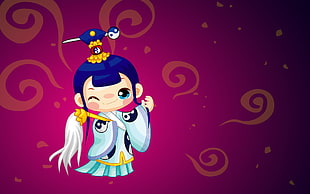 illustration of blue haired girl in kimono HD wallpaper